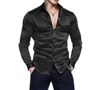 Onsoyours Chemise à Manches Longues en Satin Brillant Similaire à de la Soie Slim Fit Eté Coupe Classique Business Chemise Homme pour Fête Soirée Disco Bal de Promo A Noir XS