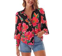 Onsoyours Chemise Mousseline Femme Élégant Imprimé Floral Tempérament Mousseline Soie Top Col V Lanterne Manches Mode Généreuse Blouse Casual À Manches Longues Hauts A Noir Rose M