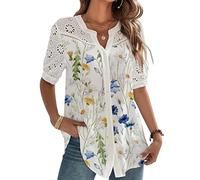Onsoyours Chemises Femmes Dentelle Décontracté Tunique À Manches Courtes Tops Col en V Chemise Boutonnée Tops Chic Blouse Élégant Floraux T Shirt Chemisier Été Hauts B7 Blanc M