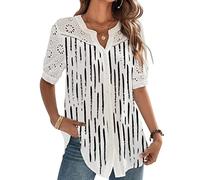 Onsoyours Chemises Femmes Dentelle Décontracté Tunique À Manches Courtes Tops Col en V Chemise Boutonnée Tops Chic Blouse Élégant Floraux T Shirt Chemisier Été Hauts B3 Blanc XL