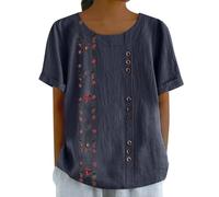 Onsoyours Chemisier Femme Chic et élégant Chemise en Coton Lin à Manche Courte Fleurs Décontracté Blouse Ample Printemps Eté Tunique Col Rond Casual Top avec Boutonnée D Marine XL
