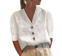 Onsoyours Chemisier Femme T-Shirt Manche Courte Dentelle Oversized Lin Coton Blouse Tunique Casual Col V Couleur Unie Hauts Sexy Mode Chemise Tops M Blanc XL