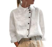 Onsoyours Chemisier Femme T-Shirt Manches Longues Oversized Lin Coton Blouse Tunique Casual Col V Couleur Unie Hauts Sexy Mode Chemise Tops V Blanc XL