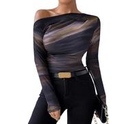 Onsoyours Chemisiers Blouses Femme Épaule décolletée Chemise Chic Élégante Casual Shirts Tops Manches Longues Y2k Décontractée Tee Shirt Slim Fit Off Shoulder Tee Streetwear A Marron M