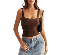Onsoyours Débardeur Femme Y2K Backless Crop Top T-Shirts Sexy Dos Nu Tops Ete Haut à sans Manches Col Carré Double Doublure Basiques Tank Top A Marron XS