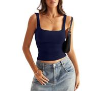 Onsoyours Débardeur Femme Y2K Backless Crop Top T-Shirts Sexy Dos Nu Tops Ete Haut à sans Manches Col Carré Double Doublure Basiques Tank Top A Marine L