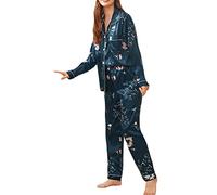 Onsoyours Ensemble de Pyjama Femme 2 Pièces Pyjama en Satiné De Soie avec Poche Manche Longue Classique Vêtements de Nuit A Bleu Foncé M