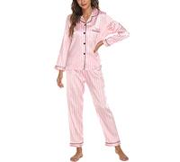 Onsoyours Ensemble de Pyjama Femme 2 Pièces Pyjama en Satiné De Soie avec Poche Manche Longue Classique Vêtements de Nuit A Rayures M