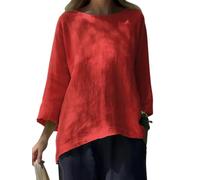 Onsoyours Femme Chemisier Coton Et Lin d'été Couleur Unie LâChe Respirant Tee Shirt 3/4 Manches Longues Col en Rond Blouse A Rouge M