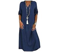 Onsoyours Femme Été Denim Robe Col V Manche Courte Tunique Robe Chemisier en Jean Bouton Hauts Mini Robe Blouse Shirt Dress I Bleu Foncé XL