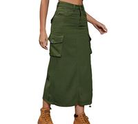 Onsoyours Femme Jeans Jupe Longue Taille Haute Jupe Décontractée Jupe Longue Jupe Crayon Extensible avec Poches Été Solide Mi-Longue Jupe B Vert Militaire L