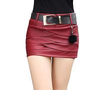 Onsoyours Femme Jupe PU Taille Haute Cuir Mini Court Jupes Sexy décoratif Taille évasée plissée High Street Fashion A Rouge L
