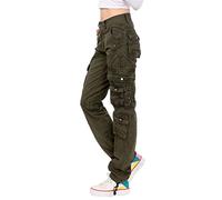 Onsoyours Femme Mode Cargo Pantalon Casual Vintage Multi Poche Baggy Straight Slim Pantalon Taille Haute Streetwear Trousers Vert Armée X-Small