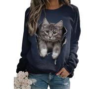 Onsoyours Femme Printemps Automne Pull 3D Chat Imprimé Sweatshirt Top Manches Longues Col Rond T Shirt Léger Casual Sweat Blouse Pullover A Stil-1 S