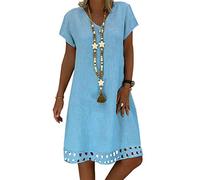 Onsoyours Femme Robe Chic Robe Été Robe de Plage Col V Casual Grande Taille Robe Manches Courte Unie T-Shirt Coton Lin Robes Bohême Midi Dress B Bleu FR 38