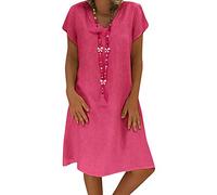 Onsoyours Femme Robe Chic Robe Été Robe de Plage Col V Casual Grande Taille Robe Manches Courte Unie T-Shirt Coton Lin Robes Bohême Midi Dress B Rose FR 40