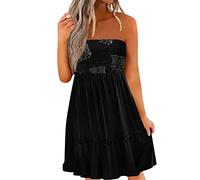 Onsoyours Femme Robe Eté Bustier Boho Casual Mini Robe De Plage Décontracté Bandeau Imprime Chic Dress Ample sans Bretelles sans Manches Sexy Mini Jupe De Plage D2 Noir XL