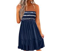Onsoyours Femme Robe Eté Bustier Boho Casual Mini Robe De Plage Décontracté Bandeau Imprime Chic Dress Ample sans Bretelles sans Manches Sexy Mini Jupe De Plage C Bleu L
