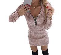 Onsoyours Femme Robe Pull Elégant Tricoté Col Rond Patchwork Manche Longue Pulls Épais Casual Robe Courte Automne Hiver Fille Chaud Mini Robe Pullover Sweat-Shirt A Rose M