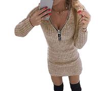 Onsoyours Femme Robe Pull Longue Elégant Tricoté Col V Manche Longue Robe Crayon Chandail Chaud Maxi Robe Couleur Unie Chic Pull-Over Moulante Sweater Robe A Kaki M