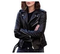 Onsoyours Femme Simili Cuir Courte Veste de Moto 2020 Automne Hiver Populaire avec Ceinture Manche Longue Slim Vintage Mode Chic Aviateur Manteau Bombers Zippé Jacket B Noir 4XL