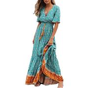 Onsoyours Femmes Bohème Robes Longues Manches Courtes Femmes Wrap été Plage Floral col en V Taille Haute Rétro Jupe avec Ceinture D Vert S