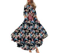 Onsoyours Femmes Boho Maxi Robe De Plage Elegante Floral Feuille Imprimé Longue Robe Manches Courtes Floral Dress D'Été De Vacances Taille Haute Rétro Jupe De Plage B01 Noir M