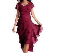 Onsoyours Femmes Robe en Mousseline De Soie Élégante Col Rond Robes Chic Patchwork Mini Robe Club Party Cocktail Décontracté Streetwear B01 Vin Rouge XL