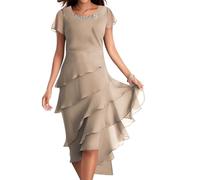 Onsoyours Femmes Robe en Mousseline De Soie Élégante Col Rond Robes Chic Patchwork Mini Robe Club Party Cocktail Décontracté Streetwear B01 Chameau XL