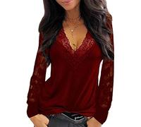 Onsoyours Hauts Femme Mode Col en V Blouse Dentelle Manches Longues T-Shirts Basique Couleur Unie Shirt Élégant Tops Lâche Mousseline Chemise A Vin Rouge L
