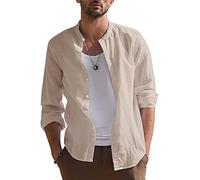 Onsoyours Homme Chemise en Coton Manches Longues Boutons de Couleur Unie Henley Chemise Vintage Classique Mode Casual Plage Chemise Hawaienne A Kaki XXL