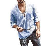 Onsoyours Hommes Chemises Solid Manches Longues Slim Fit Mode Oeil de Poulet à Lacets à Col en V pour Hommes Chemise à Manches Vintage Ample Bleu M