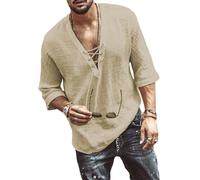 Onsoyours Hommes Chemises Solid Manches Longues Slim Fit Mode Oeil de Poulet à Lacets à Col en V pour Hommes Chemise à Manches Vintage Ample Abricot M