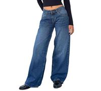 Onsoyours Jean Femme Taille Basse Coupe Droite Straight Jeans Y2K Baggy Jambes Larges Pantalon en Denim Automne Hiver Elastique Jeans A Bleu 02 XXL
