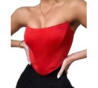 Onsoyours Mesh Corset Femmes Crop Tops Corset Sans Manches Bustier Sans Bretelles Underbust Désossé Dos Nu Hors Épaule Esthétique Bodyshaper pour Femmes Y2K C Rouge XL