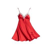 Onsoyours Nuisette Femme Satin Chemise de Nuit Courte Bretelles Réglables Sexy Dentelle Robe de Nuit Lingerie Couleur Unie Mini Robe A Rouge XL