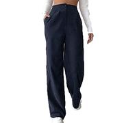 Onsoyours Pantalon en Velours Côtelé Femme Taille Élastique Taille Haute Pantalon Droit Long Pantalon Décontracté Couleur Unie Pantalon Automne Pantalon avec Poches D Marine XS
