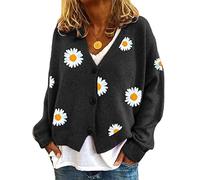 Onsoyours Pull Cardigan Court pour Femmes Imprimé Marguerites Chandail Boutonné Manteaux Hauts Manteau Loose Tricot Côtelé Court à Manches Longues Et Col en V A Noir M