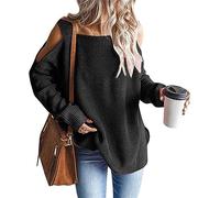 Onsoyours Pull en Tricot Décontracté pour Femme avec Épaules Dénudées et Col en U et Manches Longues Chandail Lâche Tunique Party Stretch Tops Basique T-Shirt A Noir XXL