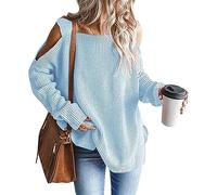 Onsoyours Pull en Tricot Décontracté pour Femme avec Épaules Dénudées et Col en U et Manches Longues Chandail Lâche Tunique Party Stretch Tops Basique T-Shirt A Bleuclair XL