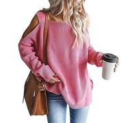 Onsoyours Pull en Tricot Décontracté pour Femme avec Épaules Dénudées et Col en U et Manches Longues Chandail Lâche Tunique Party Stretch Tops Basique T-Shirt A Rose XL