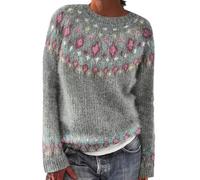 Onsoyours Pull Femme Chandail Chaud Épais en Maille Tricot Vintage Ethnique Imprimé Patchwork Pullover en Tricot Sweater Pull Top Bloc De Couleurs Mode Sweater C02 Rose XS