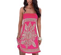 Onsoyours Robe Bustier pour Femmes Casual Imprimé Boho sans Bretelles Robe De Plage Cocktail Vacances Été Chic Mini Robe De Soirée Evasée Sundress Courte A Rose Rouge XXL