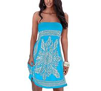 Onsoyours Robe Bustier pour Femmes Casual Imprimé Boho sans Bretelles Robe De Plage Cocktail Vacances Été Chic Mini Robe De Soirée Evasée Sundress Courte A Bleu 3XL