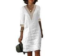 Onsoyours Robe Chemisier Femme Élégante Décontractée Demi Manches Tunique avec Dentelle Boho Jupe De Plage Sexy Col en V Mini Robe De Plage Cocktail Casual Vintage C Blanc L