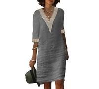 Onsoyours Robe Chemisier Femme Élégante Décontractée Demi Manches Tunique avec Dentelle Boho Jupe De Plage Sexy Col en V Mini Robe De Plage Cocktail Casual Vintage C Gris M