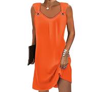 Onsoyours Robe Courte D'Été Femme Élégante sans Manches Bretelles Spaghetti Dentelle Mini Robe Ligne Droite Décontractée Sexy Robe De Plage Mariage Cocktail Quotidienne Party Dress C Orange L