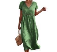 Onsoyours Robe D'Été Femme Longue Boheme Élégant Manches Courtes Midi Dress en Coton Lin Plage Décontractée Chic Trapèze Légère Fluide Robes Soirée A Vert M