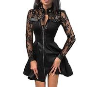 Onsoyours Robe en Cuir PU Femme Mode Col V Patchwork De Dentelle Manches Longues Cocktail Robes Moulante Zippée Mini Robe De Soirée Sexy A-Ligne Dress (2XL, A Noir)