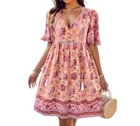 Onsoyours Robe Femme Été Vintage Boho Imprimé Florale Robe De Plage Impression Manche Courte Elegante Robe De Plage Mode Décontractée Robe D02 Rose 3XL